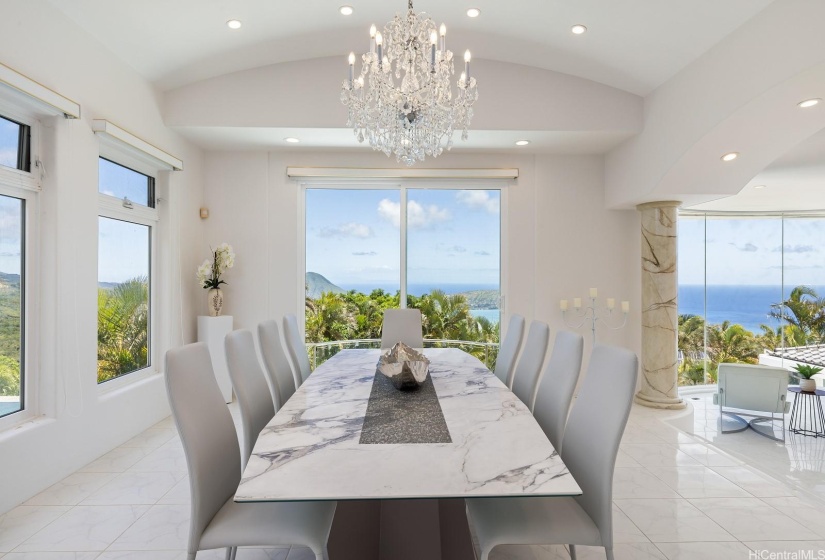 Formal dining area offering ocean view