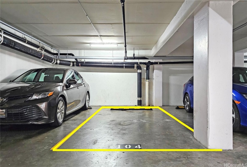 Covered, standard size parking stall #104 on the 4th floor is included.