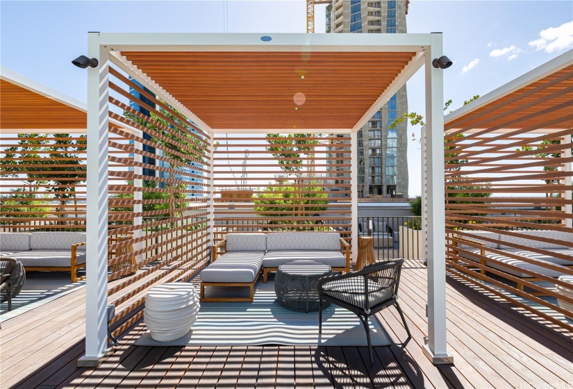 Cabana with sofa and chairs perfect for socializing.