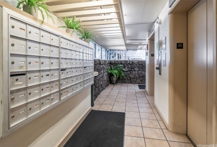 Common mail area located in lobby across from elevators