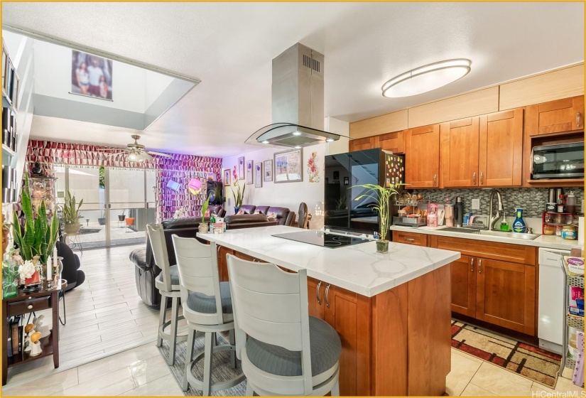 Downstairs Kitchen Area Showing Living Room and Outdoor Lanai Area