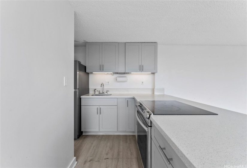 Kitchen features quartz counters and updated cabinets.