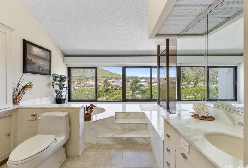 Primary suite bathroom with marble tub and shower to the right.