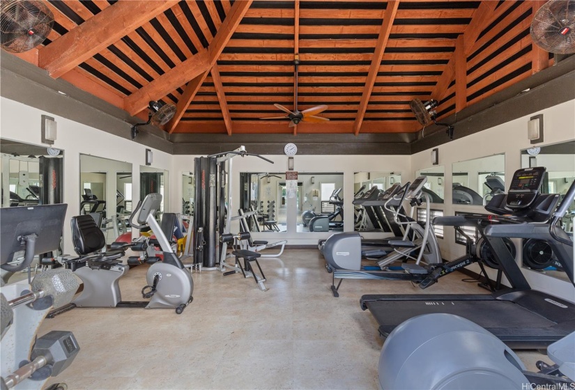 The nicely equipped gym next to the pool and jacuzzi and bathrooms and sauna.