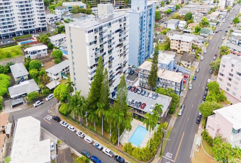 Aerial view of the corner lot of the Victoria Plaza condo complex.