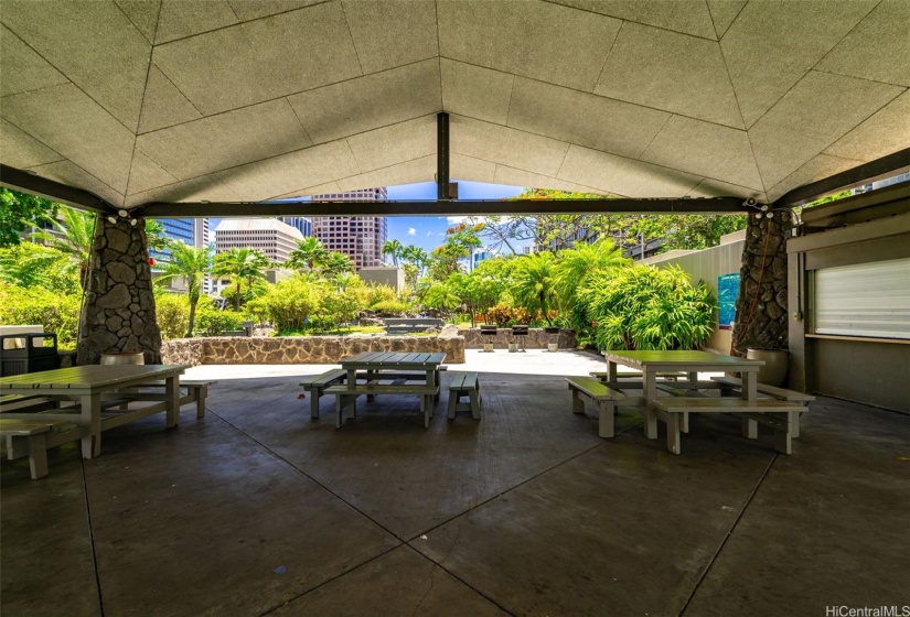 Lots of seating in shaded area under the pavilion