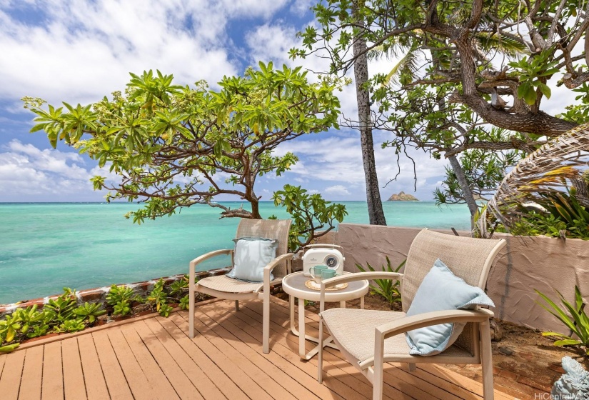 Another extension of the lanai on the right side of the lanai off of the breakfast dining room has Mokulua views and is spacious enough for furniture, storage, grilling etc.