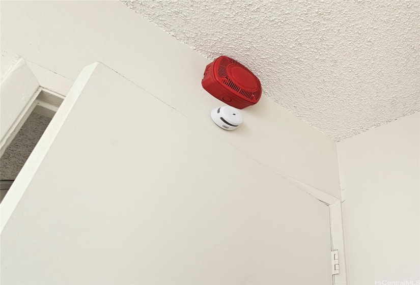 Red fire alarm and white smoke detector