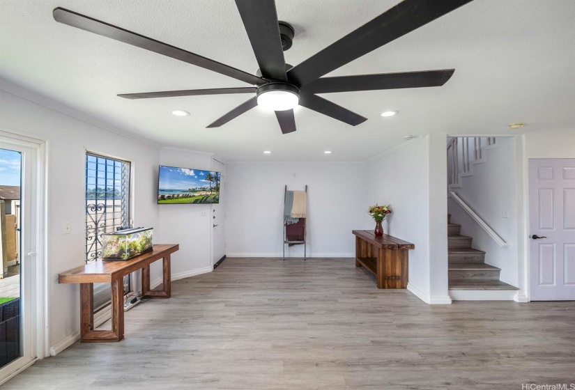 Luxury vinyl tile flooring, upgraded fan