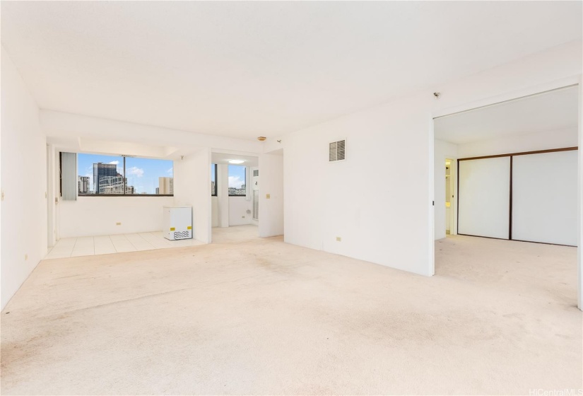 Looking across the living room toward the ocean. The master bedroom is on the far right & dining area on the left.