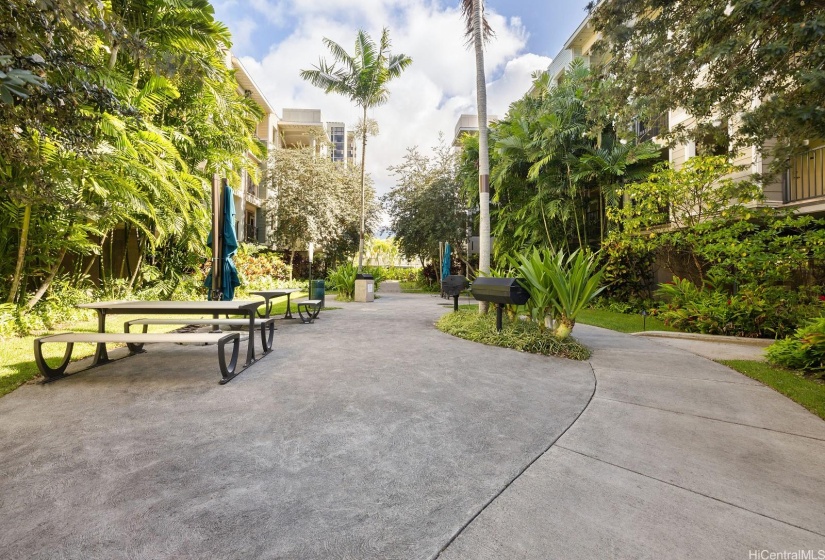 A BBQ/picnic area outside of the building.