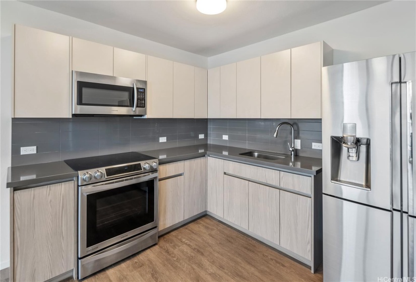 stainless steel appliances in kitchen.