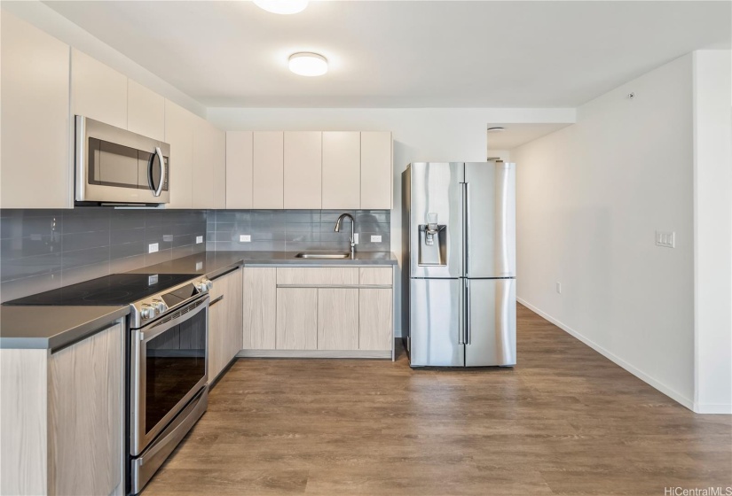 Ample cupboard & counter space in kitchen.