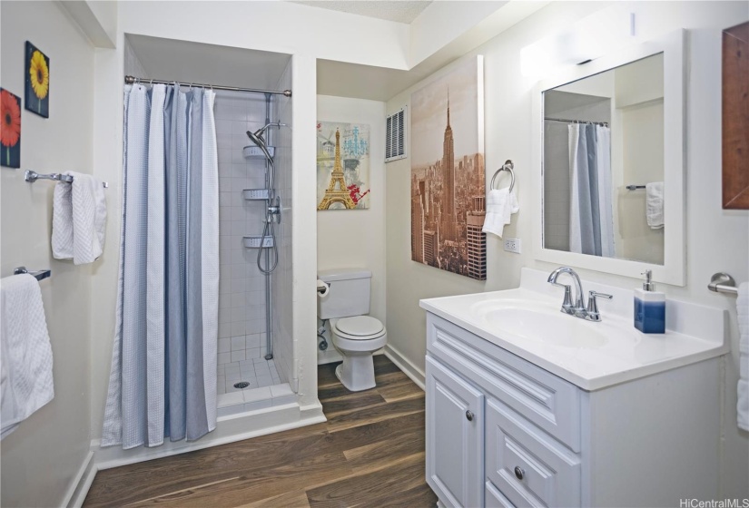 New Vanity, and restored shower tiles.