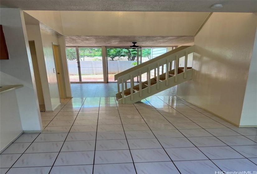 Tile flooring in the dining area and kitchen.