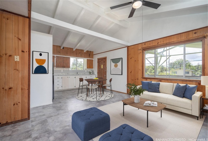 Second floor living room and kitchen. Virtual Staging. Enhanced