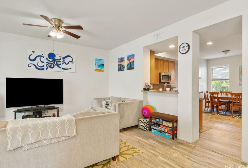 Open living room and kitchen area.