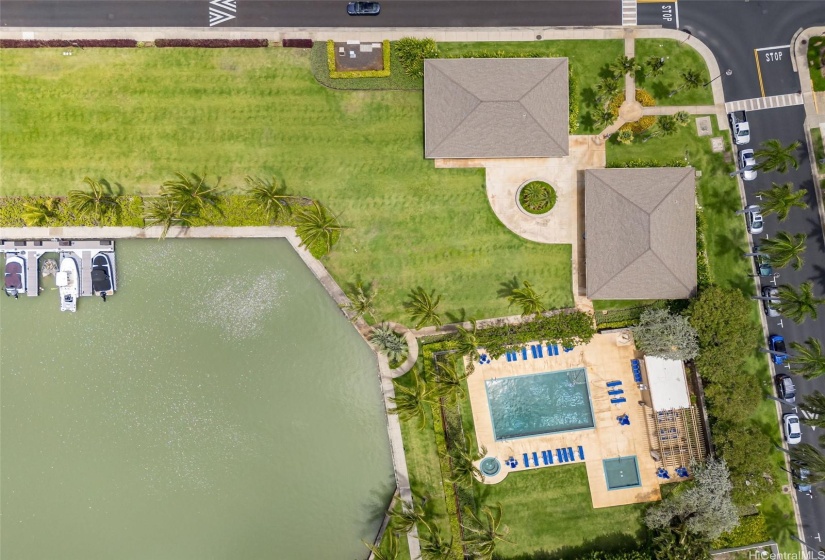 Aerial of pool area and Marina.