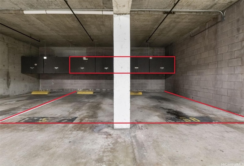 Two covered parking spaces with storage lockers.