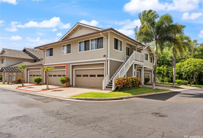 Garage/driveway outlined Door in back of the garage leads to the front of your unit- a few steps away