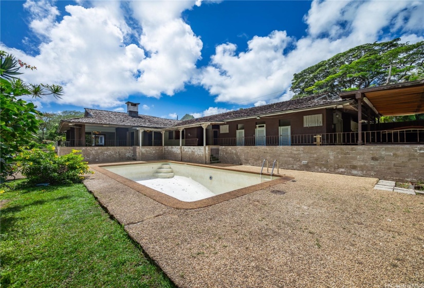 View looking back at the property, pool was just emptied.