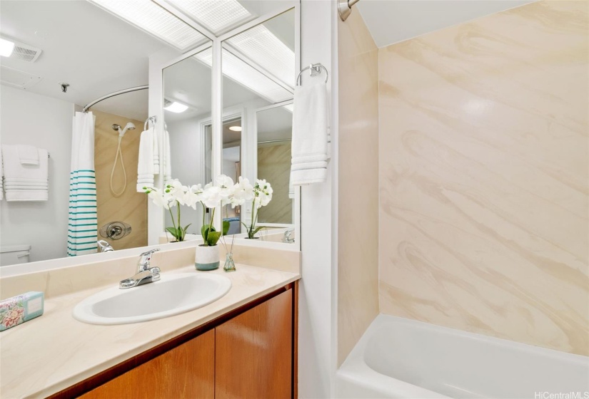 The solid wood vanity cabinets in the hallway bathroom have also been refinished and look great!