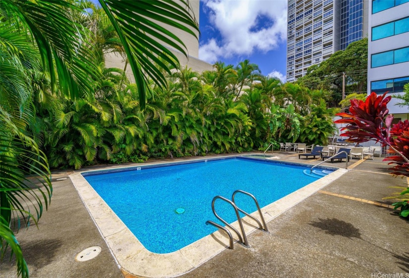 Enjoy the tropical emerald hues and cool turquoise pool in this urban oasis!