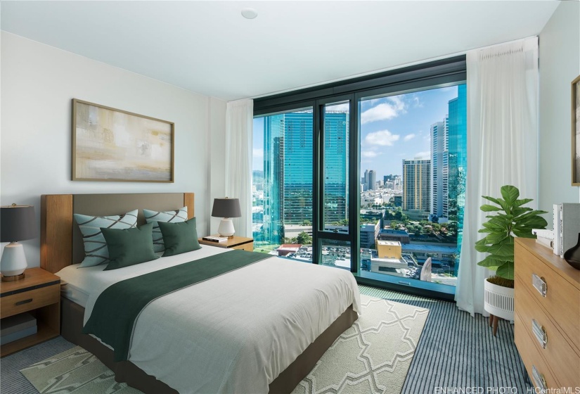 The 2nd bedroom offers ocean views as well as city views (Virtually Enhanced)