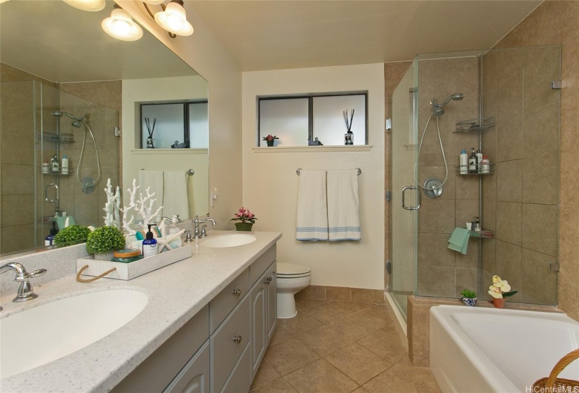 Beautiful upgraded bathroom cabinets and counter.