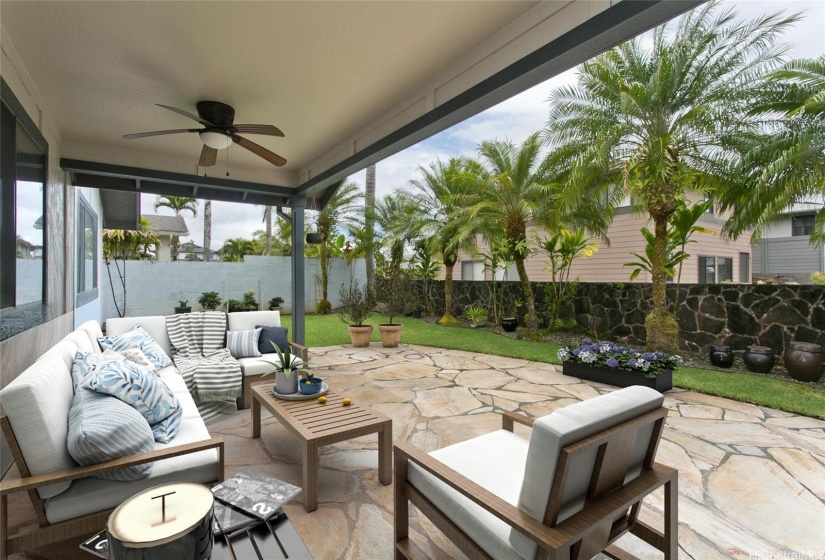 Open lanai with updated stone flooring . Virtually staged