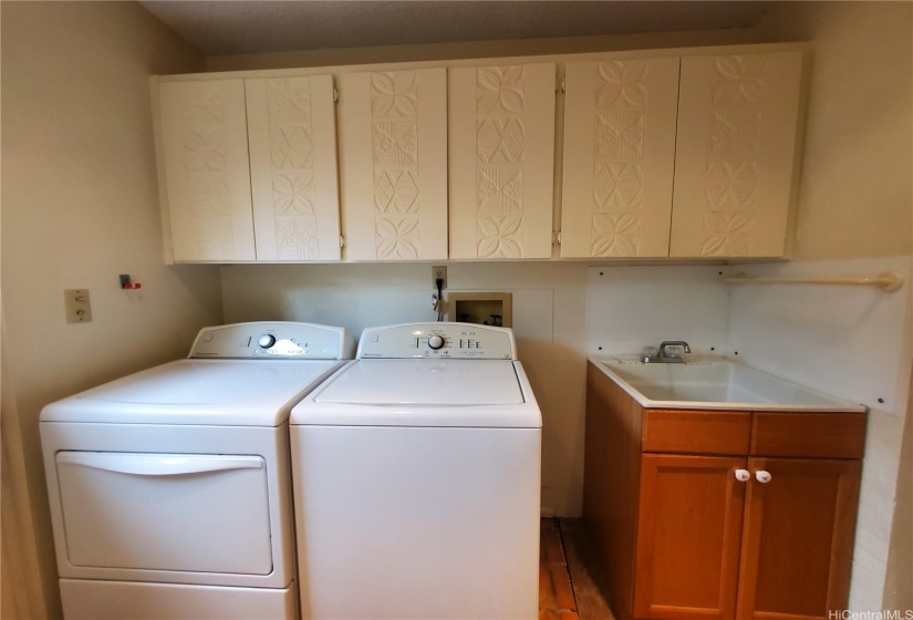 Full Size Washer and Dryer with Utility Sink and Storage