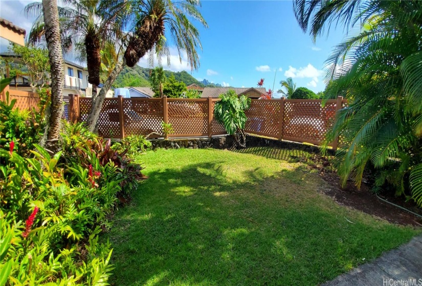 Lushly Landscaped Front Yard with Red Ginger, Palm Trees, and Monstera