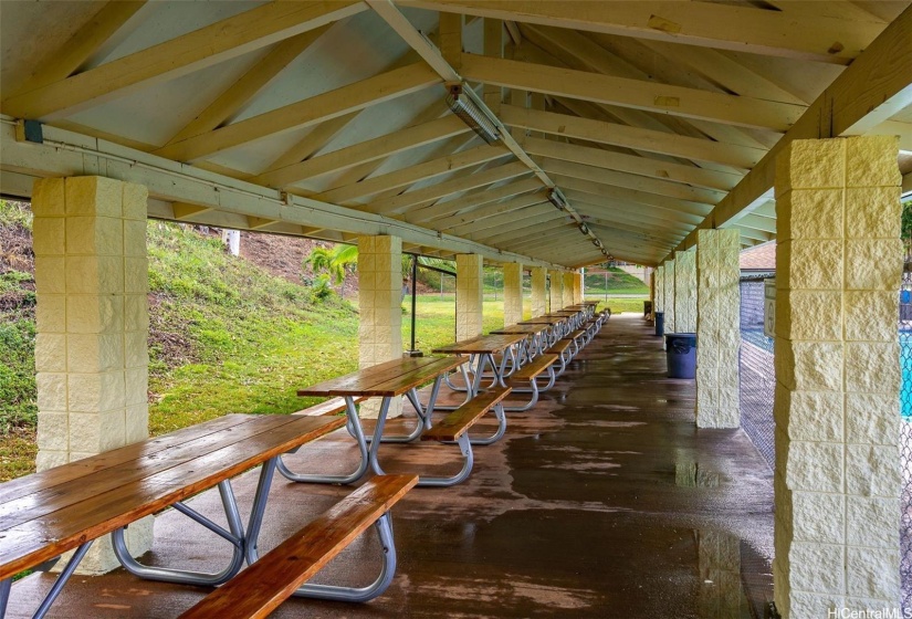 Picnic tables by the community pool.