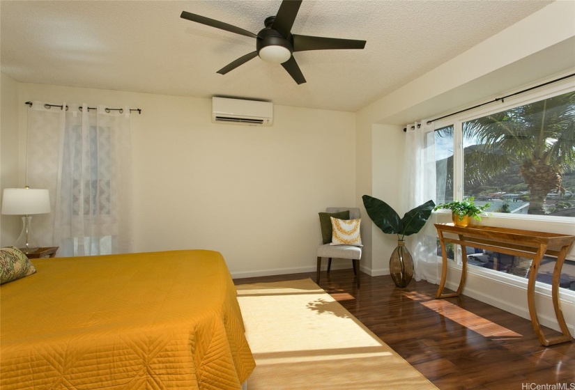 Large private primary bedroom with a pretty mountain view, split a/c and natural light and air flow.