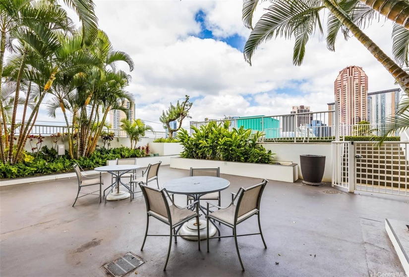 Outdoor dining on the patio surrounded by greenery.