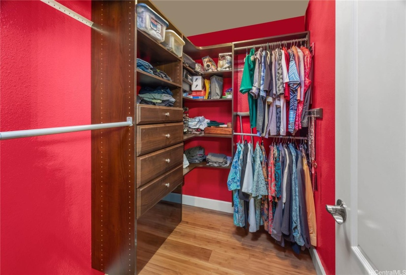 Built-in closet system with wood laminate floors in the primary bedroom