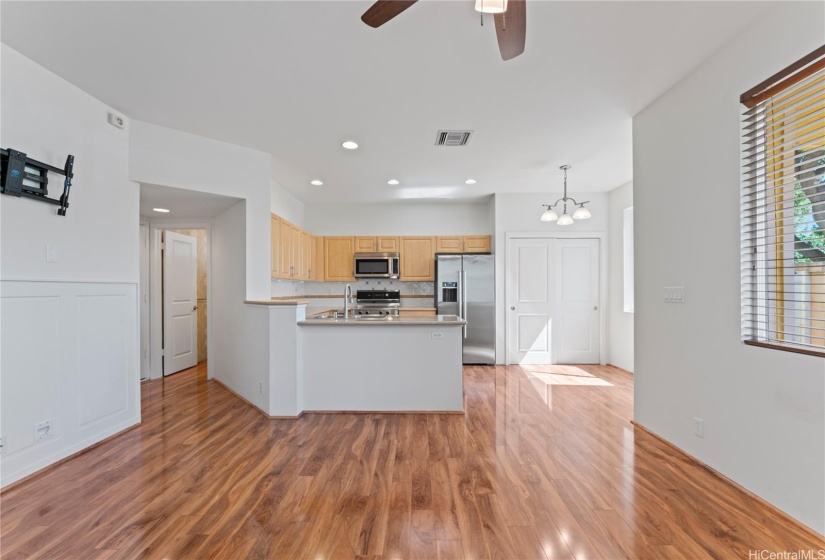 View of the living area, looking towards the kitchen.