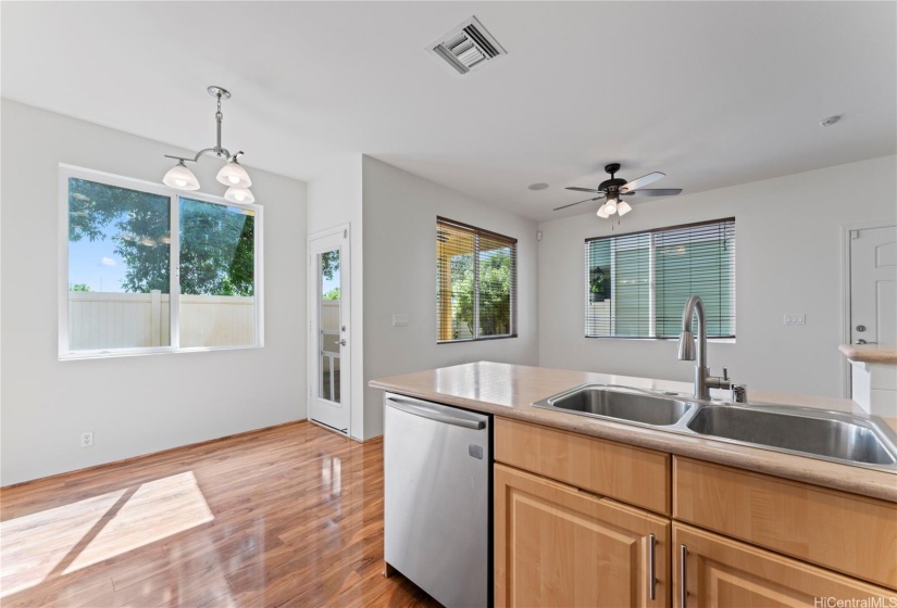 View from the kitchen, and dining area to the left.