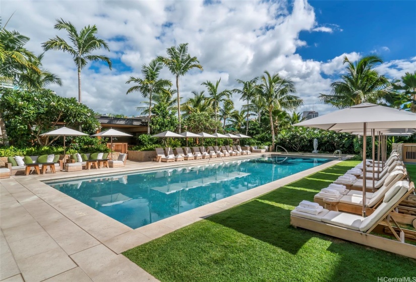 Resort-like amenities including a refreshing pool and private cabanas.