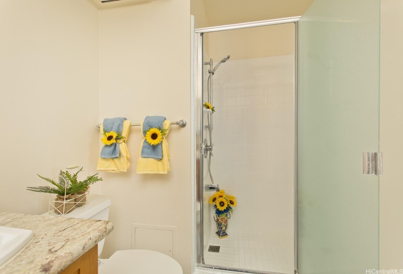 Newly re-glazed shower with all brand new fixtures sparkles!