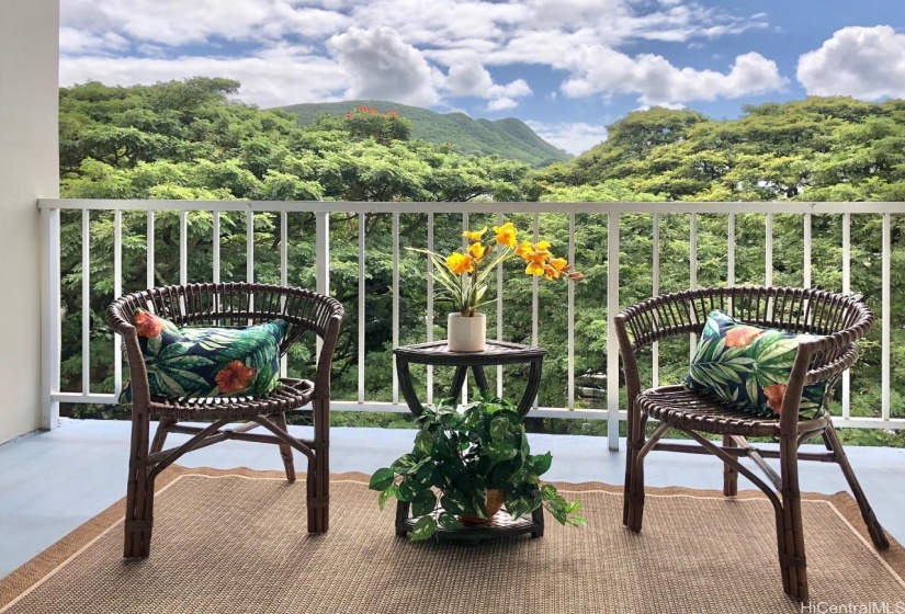 Enjoy tranquil treetop views and majestic Punchbowl crater from this spacious 92 square foot lanai perfect for sipping morning coffee.