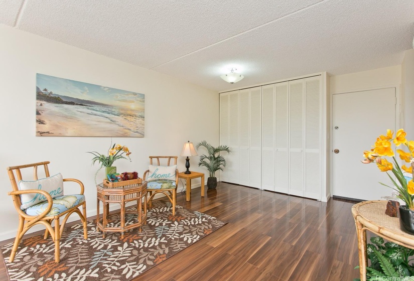 Living room boasts extra storage behind bi-fold doors in this freshly painted home.