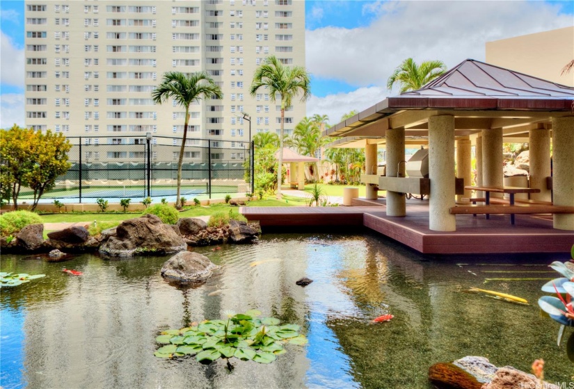 Koi pond with tennis court and golf driving nets in the background.