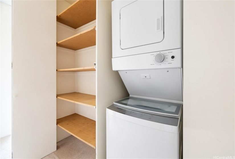 A practical laundry area that includes a neatly arranged washer and dryer, and ample storage shelves.