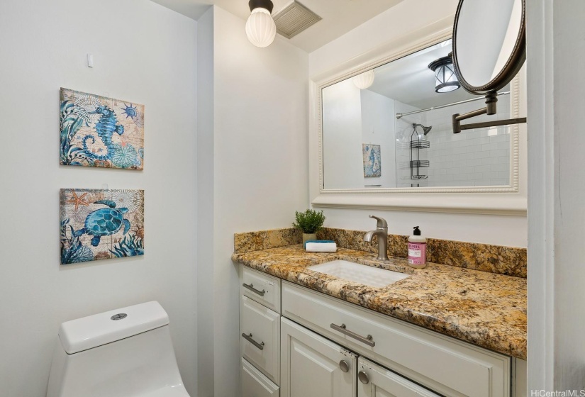 Full size bath with walk-in shower.