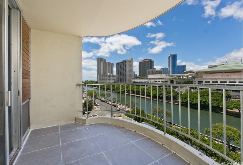 Freshly titled lanai overlooking Ala Wai Canal