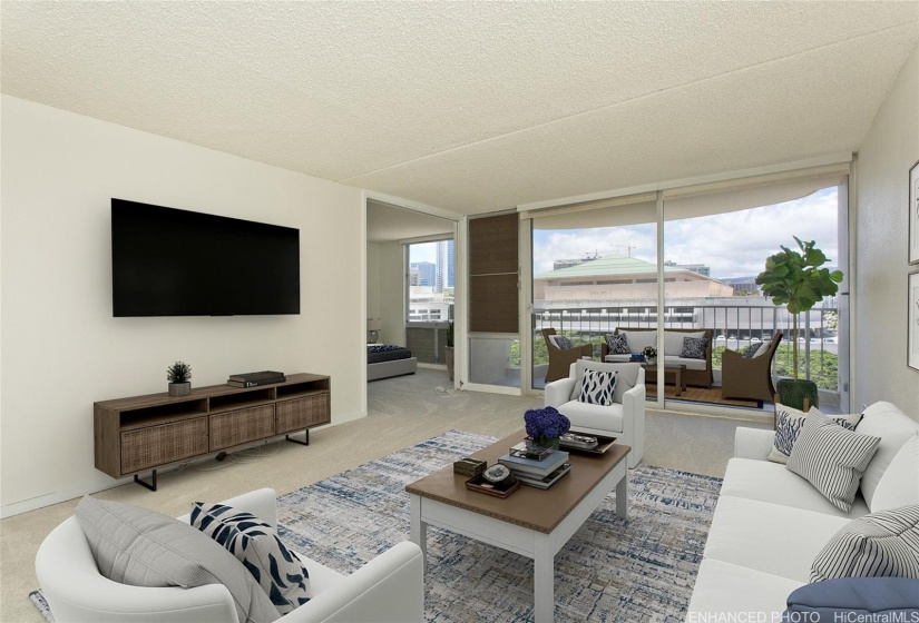 Virtually staged living room with freshly retiled lanai. Enhanced photo.