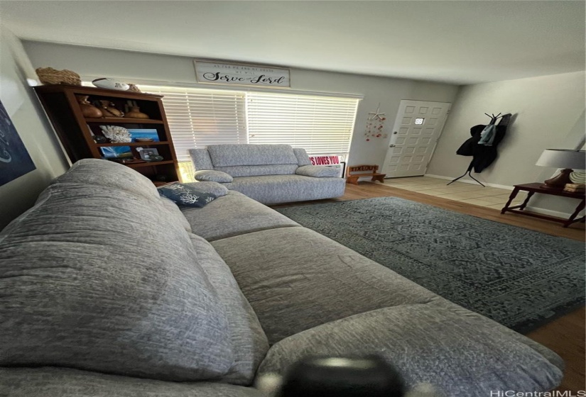 Living room facing back entry door.