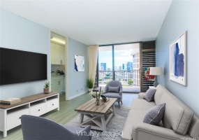 Updated living room with luxury vinyl plank flooring. Virtually staged