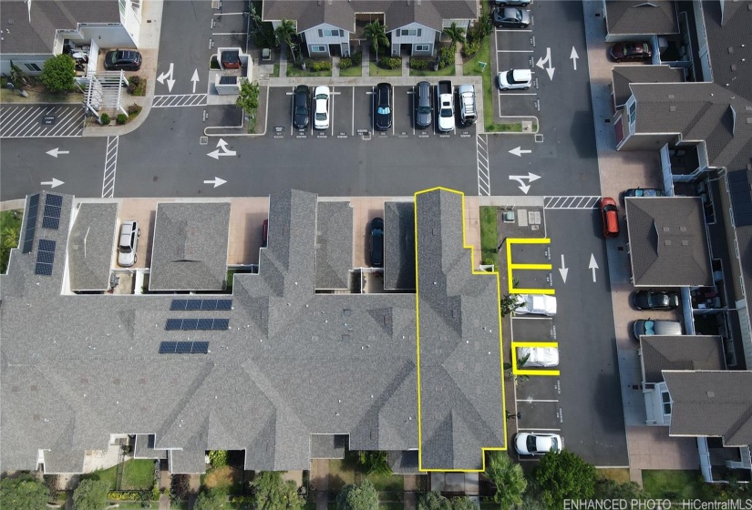 540 Manawai Unit 201: Enhanced arial view of townhouse & assigned parking spaces 82, 85, 86, & 87 (unmarked concrete area adjacent to garage.) outlined in yellow.